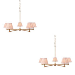 Loops Sophisticated 2 Pack Brushed Brass Pendant Lights With Peachy Fabric Shades
