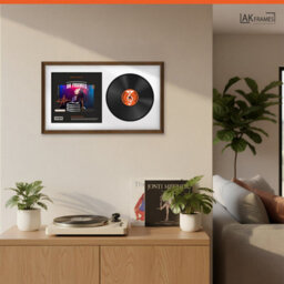 "30X17"" Walnut Classic Vinyl Record Frame With White Mount For 12 Inch Lp Album Cover & Disc - Ak Frames" - thumbnail 5