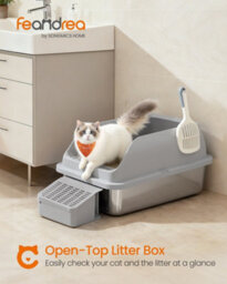 LEDREM Stainless Steel Cat Litter Box, High Sided Litter Tray With Open Top, Step, Scoop, Brush, For Cats Up To 15 Kg, Slate Grey