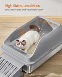LEDREM Stainless Steel Cat Litter Box, High Sided Litter Tray With Open Top, Step, Scoop, Brush, For Cats Up To 15 Kg, Slate Grey - thumbnail 4