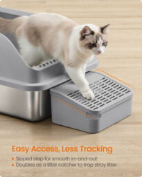 LEDREM Stainless Steel Cat Litter Box, High Sided Litter Tray With Open Top, Step, Scoop, Brush, For Cats Up To 15 Kg, Slate Grey - thumbnail 5