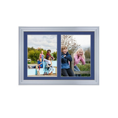 AK Frames 20X14 Silver Classic Multi Photo Frame With Blue Mount - Holds 2 Apertures (2X) A4 Photos - image 1