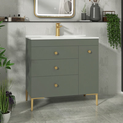 Royal Bathrooms Verona 800mm Matt Green Floor Standing Vanity Unit 3 Drawer & Side Pull Out Storage Ceramic Basin - Brass Knob - image 1