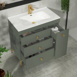 Royal Bathrooms Verona 800mm Matt Green Floor Standing Vanity Unit 3 Drawer & Side Pull Out Storage Ceramic Basin - Brass Knob - thumbnail 5