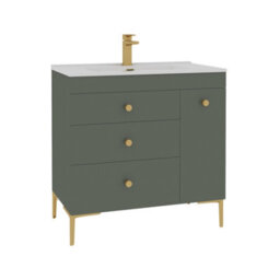 Royal Bathrooms Verona 800mm Matt Green Floor Standing Vanity Unit 3 Drawer & Side Pull Out Storage Ceramic Basin - Brass Knob - thumbnail 6
