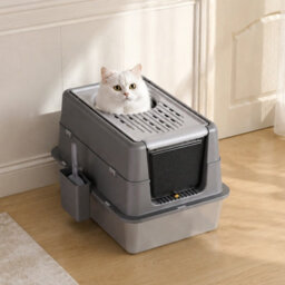 London Boutique Stainless Steel Cat Litter Tray, Enclosed Cat Litter Box, High Sides, Scoop, Grey, 60X40X43.5Cm - thumbnail 3