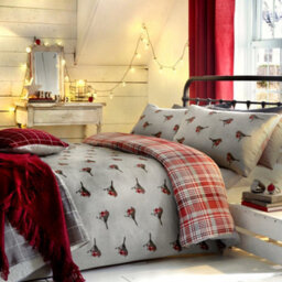 Dreams & Drapes Robin 100% Brushed Cotton Winter Print Red Duvet Cover Set - thumbnail 1