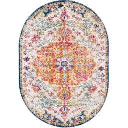 Livabliss Oval Harput-Vintage Blue Orange Yellow Grey Traditional Boho Living Dining Bedroom Rug 95 X 150 Cm Easy Care, Non Shedding