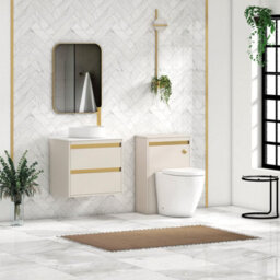 Royal Bathrooms Orion 600mm Warm Taupe Wall Hung Vanity Unit 2 Drawer With Plain White Undrilled Worktop & Brushed Brass Accent Trim - thumbnail 3