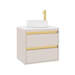 Royal Bathrooms Orion 600mm Warm Taupe Wall Hung Vanity Unit 2 Drawer With Plain White Undrilled Worktop & Brushed Brass Accent Trim - thumbnail 6