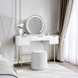 CARME Home Lara White Dressing Table With Elsie Led Mirror (White Base) & Hailey Bouclé Storage Stool - thumbnail 1