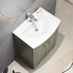 Balterley Belvide Partial Fluted 2 Door Floor Standing Vanity Unit With 1 Tap Hole Curved Basin- 600mm - Satin Green - Baltereley - thumbnail 3