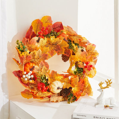 Living And Home Fall  Front Door Wreath Halloween Pumpkins Decoration With Led String Light 45 Cm - image 1