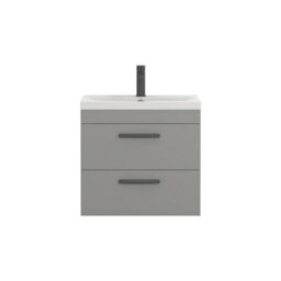 Royal Bathrooms Turin Indigo Grey Gloss 600mm Wall Hung Vanity Unit 2 Drawer With Mid-Edge Basin Sink & Matt Black Handles - thumbnail 6