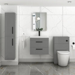 Royal Bathrooms Turin Indigo Grey Gloss 600mm Wall Hung Vanity Unit 2 Drawer With Mid-Edge Basin Sink & Matt Black Handles - thumbnail 2