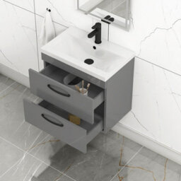 Royal Bathrooms Turin Indigo Grey Gloss 600mm Wall Hung Vanity Unit 2 Drawer With Mid-Edge Basin Sink & Matt Black Handles - thumbnail 5