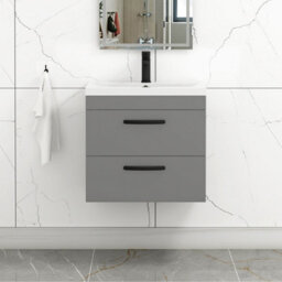 Royal Bathrooms Turin Indigo Grey Gloss 600mm Wall Hung Vanity Unit 2 Drawer With Mid-Edge Basin Sink & Matt Black Handles