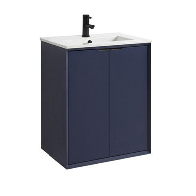 Homestylestore Navy Blue 610mm Wall Hung Bathroom Vanity Unit With Basin And Black Finger Pull Handle - image 1