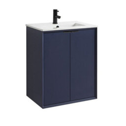 Homestylestore Navy Blue 610mm Wall Hung Bathroom Vanity Unit With Basin And Black Finger Pull Handle - thumbnail 1