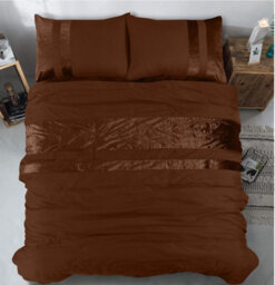 Casabella Luxury Crushed Velvet Panel Band Duvet Cover Sets With Pillow Case Double Duvet Cover Bedding Set Brown - thumbnail 2