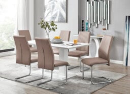 Furniturebox Imperia White High Gloss 6 Seater Dining Table With Structural 2 Plinth Column Legs 6 Beige Faux Leather Lorenzo Cantilever Chairs - thumbnail 1