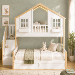Btm Bunk Bed 90X190Cm + 135X190Cm, Solid Wood House Bed With Led Lights, Window Design And Storage Stairs, White & Natural - thumbnail 3