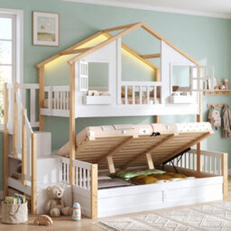 Btm Bunk Bed 90X190Cm + 135X190Cm, Solid Wood House Bed With Led Lights, Window Design And Storage Stairs, White & Natural - thumbnail 7