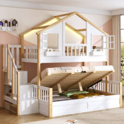 Btm Bunk Bed 90X190Cm + 135X190Cm, Solid Wood House Bed With Led Lights, Window Design And Storage Stairs, White & Natural - thumbnail 1