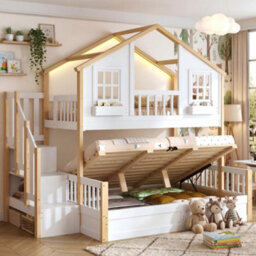 Btm Bunk Bed 90X190Cm + 135X190Cm, Solid Wood House Bed With Led Lights, Window Design And Storage Stairs, White & Natural - thumbnail 5