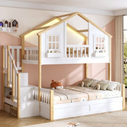 Btm Bunk Bed 90X190Cm + 135X190Cm, Solid Wood House Bed With Led Lights, Window Design And Storage Stairs, White & Natural - thumbnail 4