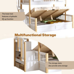 Btm Bunk Bed 90X190Cm + 135X190Cm, Solid Wood House Bed With Led Lights, Window Design And Storage Stairs, White & Natural - thumbnail 9