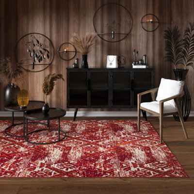 Loomed Red Terracotta Distressed Aztec Living Room Rug 120X170Cm - image 1