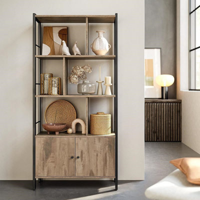 Songmics Bookshelf, Storage Shelf, Large Bookcase With Doors, 4 Shelves, Steel Structure, Industrial, Toasted Oak Colour And Black - image 1
