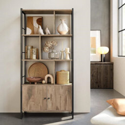 Bookshelf, Storage Shelf, Large Bookcase With Doors, 4 Shelves, Steel Structure, Industrial, Toasted Oak Colour And Black