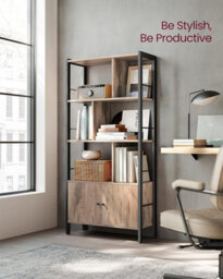 Songmics Bookshelf, Storage Shelf, Large Bookcase With Doors, 4 Shelves, Steel Structure, Industrial, Toasted Oak Colour And Black - thumbnail 3
