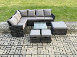 Fimous Rattan Garden Furniture Set Outdoor Lounge Corner Sofa Set With Square Coffee Table 3 Footstools 9 Seater Dark Grey Mixed - thumbnail 2
