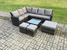 Fimous Rattan Garden Furniture Set Outdoor Lounge Corner Sofa Set With Square Coffee Table 3 Footstools 9 Seater Dark Grey Mixed - thumbnail 1