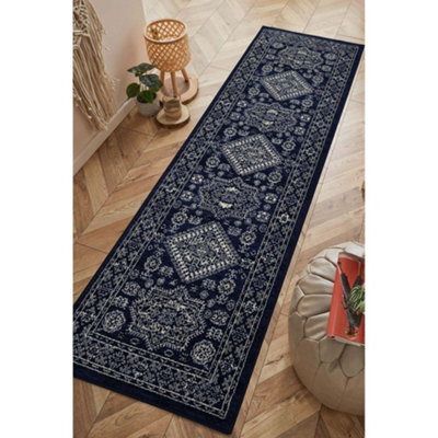 Melrose Colorama Medallion Pattern Navy Blue Traditional Indoor Runner Rug 067/200Cm - image 1