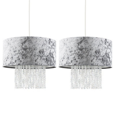 Valuelights Boland Pair Of Boland Silver Grey Velvet Ceiling Light Shades With Clear Acrylic Droplets (D)35Cm - image 1
