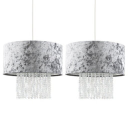 Valuelights Boland Pair Of Boland Silver Grey Velvet Ceiling Light Shades With Clear Acrylic Droplets (D)35Cm