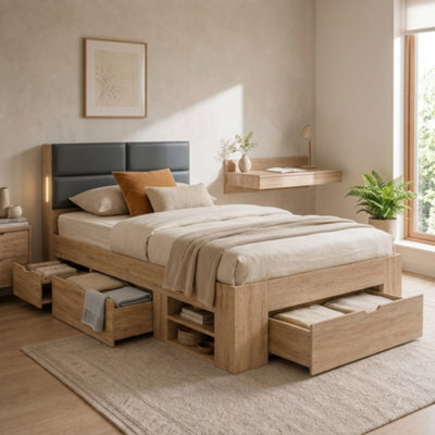 Single Storage Bed With 3 Drawers, Shelves & Led - image 1