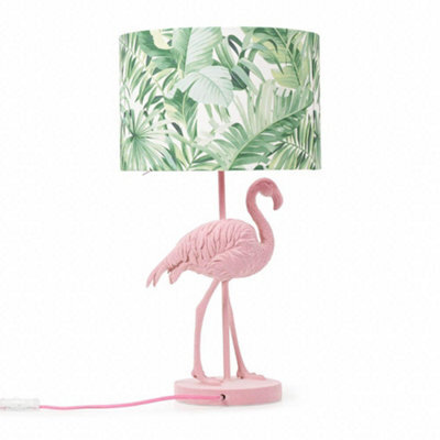 Valuelights Pink Velvet Flamingo Bedside Table Lamp With Tropical Palm Leaf Drum Lampshade Animal Light - image 1