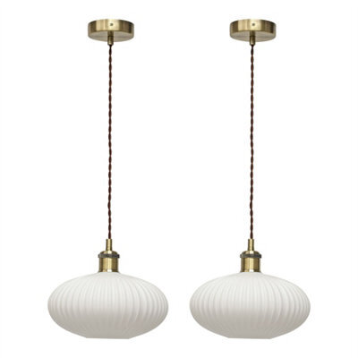 First Choice Lighting Set Of 2 Baton - White Ribbed Oval Glass Antique Brass Retro Pendants - image 1