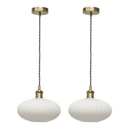 First Choice Lighting Set Of 2 Baton - White Ribbed Oval Glass Antique Brass Retro Pendants - thumbnail 1