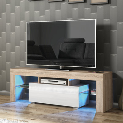 Floe Tv Unit 130Cm Oak & White With High Gloss Doors And Led Lighting - Creative Furniture - image 1