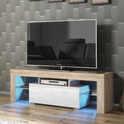 Floe Tv Unit 130Cm Oak & White With High Gloss Doors And Led Lighting - Creative Furniture