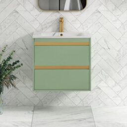 Royal Bathrooms Orion 600mm Mint Sage 2 Drawer Wall Hung Vanity Unit With Carrara White Basin & Brushed Brass Accent Trim