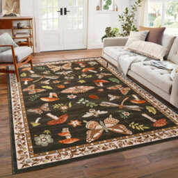 London Boutique 140X200Cm Mushroom Butterfly Area Rug, Washable Non-Slip Low Pile Carpet For Nursery, Bedroom, Living Room, Brown