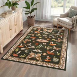 London Boutique 140X200Cm Mushroom Butterfly Area Rug, Washable Non-Slip Low Pile Carpet For Nursery, Bedroom, Living Room, Brown - thumbnail 2