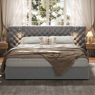Btm 5Ft King Hydraulic Storage Bed, Velvet Upholstered, Wide Headboard, With Reading Light, Grey - image 1
